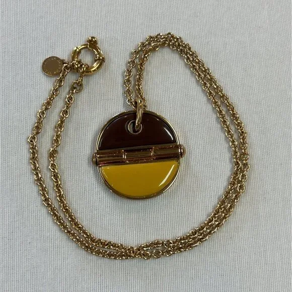 Marc Jacobs Gold Tone Pendant Necklace Enamel Circle Brown Yellow - Picture 5 of 8